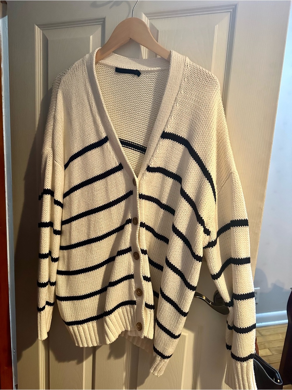 Jenni Kayne Cream Striped V-Neck Button Cardigan Sweater